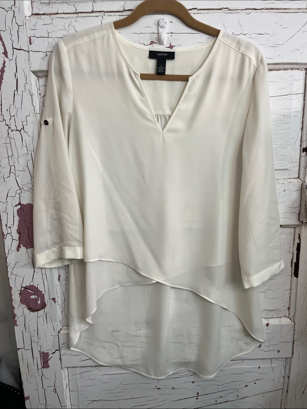 Alfani Ivory Layered High-Low V-Neck Tunic 100% Polyester Sz 6